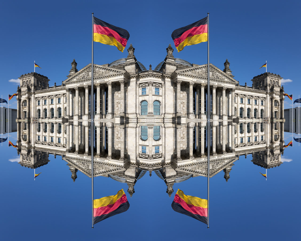 sky, flag, architecture, building exterior, clear sky, patriotism, built structure, nature, no people, day, blue, city, travel destinations, building, shape, history, the past, national icon, digital composite