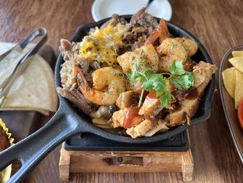 High angle view of food in plate on table