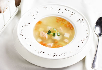 High angle view of soup in bowl on table