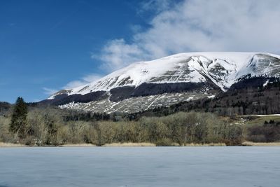 Scenic view of snowcapped mountains against sky