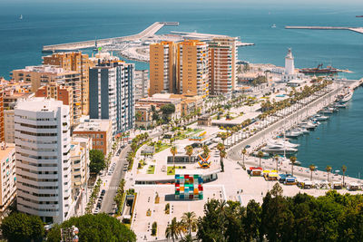 High angle view of street amidst buildings in city