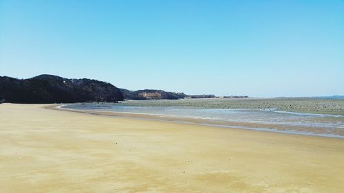 Scenic view of beach against clear blue sky