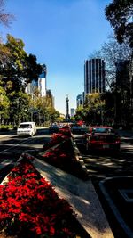 Traffic on road in city against sky