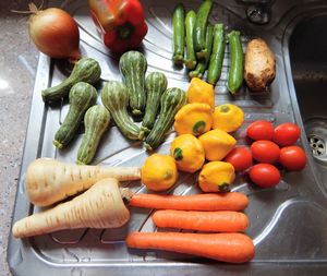 High angle view of vegetables in container