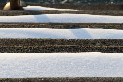 High angle view of snow on steps