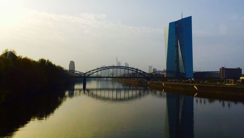 Bridge over river with buildings in background