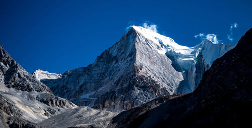 Panoramic view of snowcapped mountains against clear blue sky