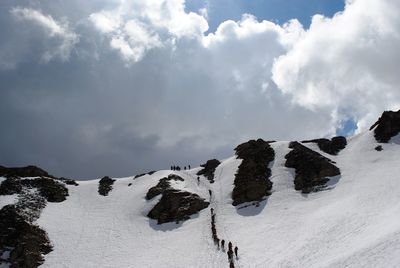 Snow covered land against sky