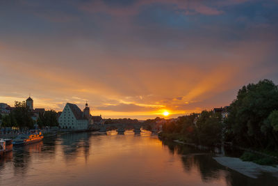 Scenic view of river by buildings against sky during sunset