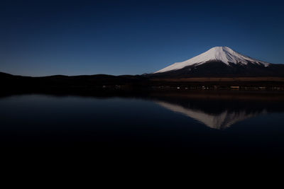 Scenic view of lake and mountains against clear sky