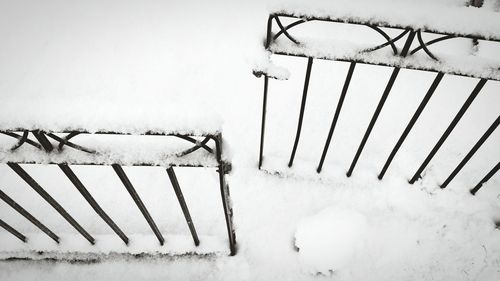 Close-up of snowed open gate