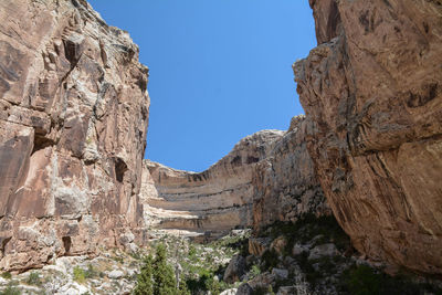 Low angle view of rock formation against clear sky