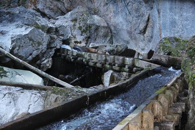 High angle view of stream flowing through rocks