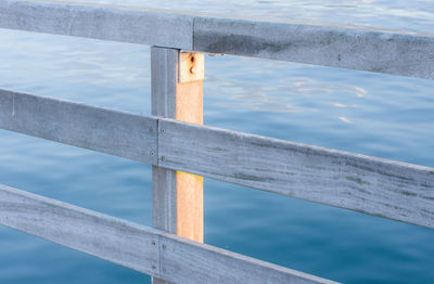 Wooden pier railing by lake