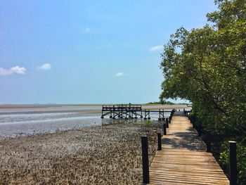 Wooden pier on beach against sky