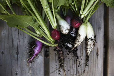 High angle view of vegetables on wood