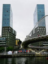 Bridge over river by buildings against sky in city