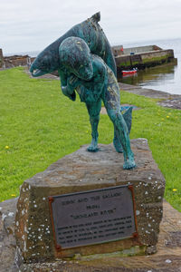 Statue by lake against clear sky