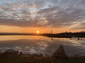 Scenic view of lake against sky during sunset