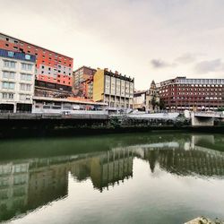 Reflection of buildings in river against sky