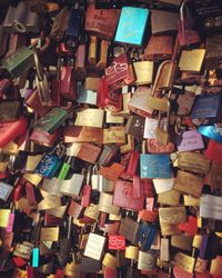 Close-up of padlocks hanging on railing