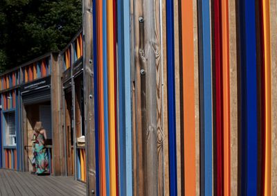 High angle view of people standing in multi colored building