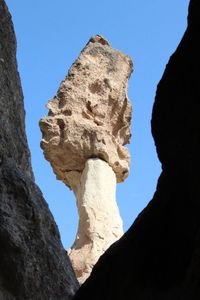 Low angle view of rock formation against clear blue sky