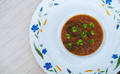 High angle view of soup in bowl on table