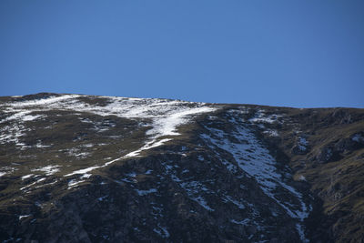 Low angle view of snowcapped mountain against clear blue sky