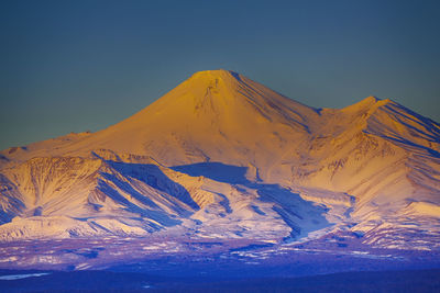 Beautefull view on avachinsky volcano in kamchatka peninsula on the sunset