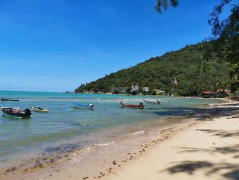 Scenic view of beach against blue sky