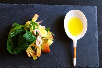 High angle view of meal served on table