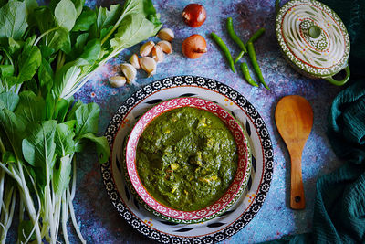 High angle view of meal served on table