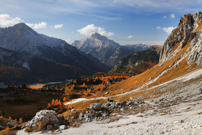 Panoramic view of snowcapped mountains against sky