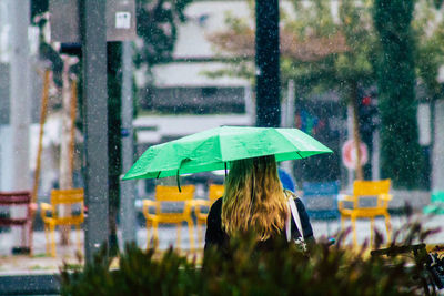 Rear view of woman with umbrella in rainy season