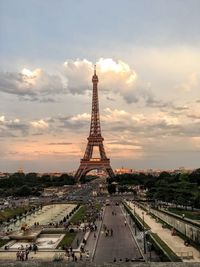 High angle view of eiffel tower against sky during sunset