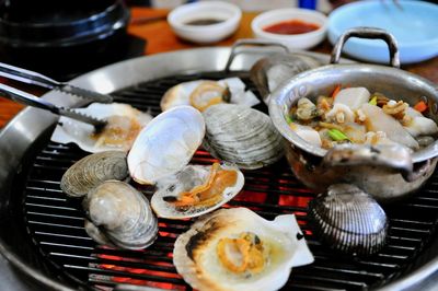 High angle view of food on barbecue grill