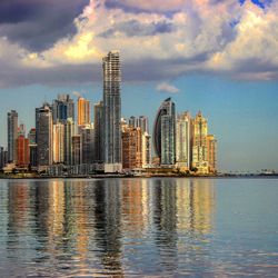 City skyline at sunset