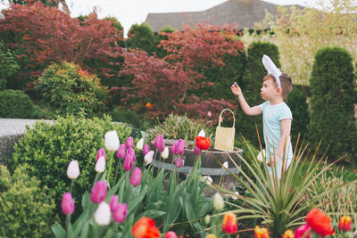 Side view of cute boy wearing costume rabbit ears while playing in garden