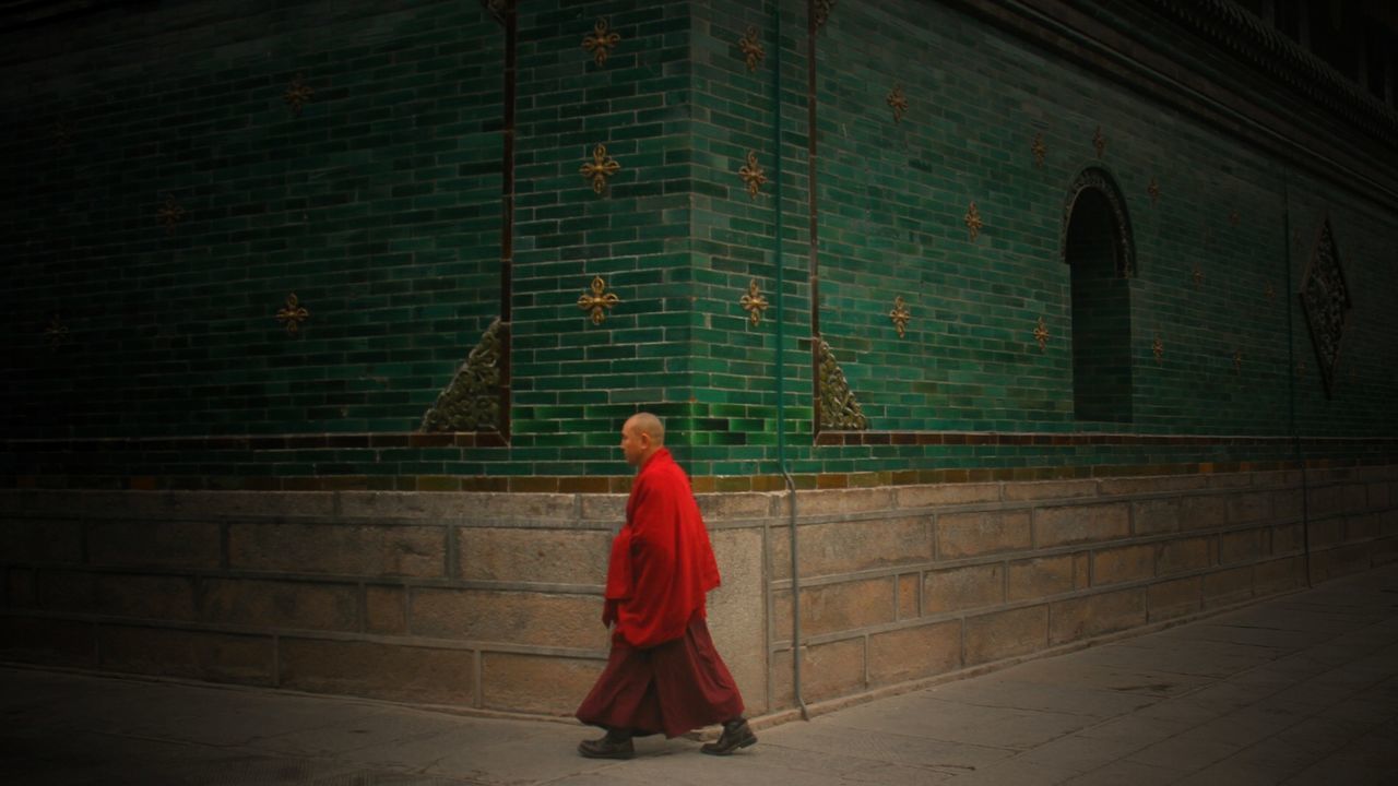 REAR VIEW OF A MAN WALKING ON FOOTPATH