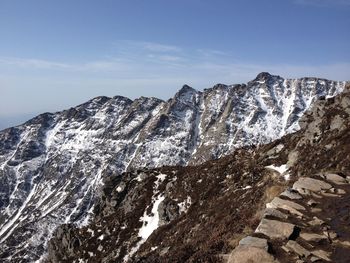 Scenic view of snow covered mountains against sky