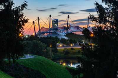 High angle view of illuminated trees at sunset