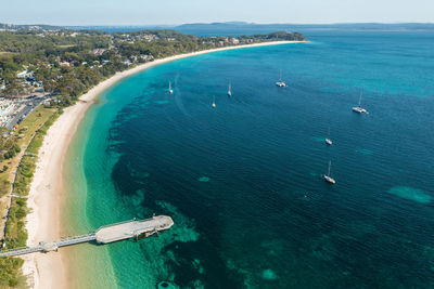 High angle view of beach against blue sky