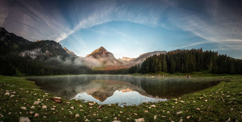 Scenic view of lake and mountains against sky