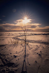 Scenic view of beach against sky during sunset