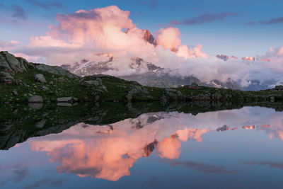 Panoramic view of lake against sky during sunset