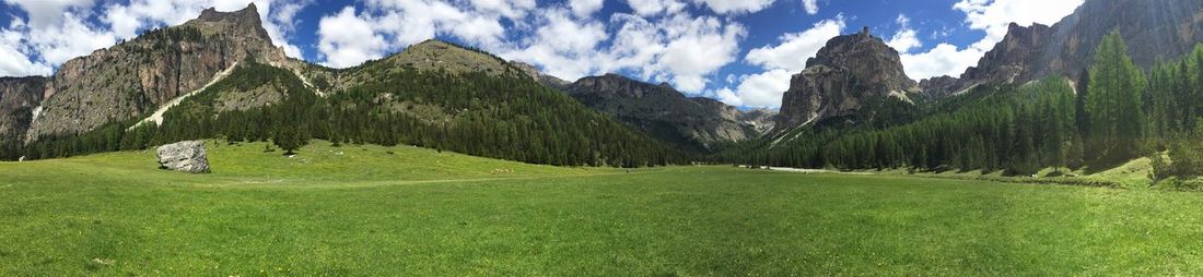 Scenic view of trees and mountain with green field against sky