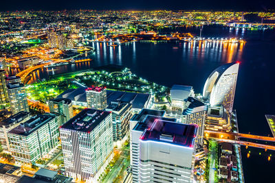 Aerial view of illuminated cityscape