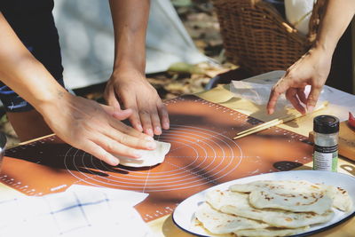 High angle view of people having food