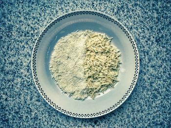 High angle view of food in plate on table